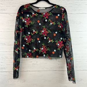 Urban Outfitters Black Mesh Embroidered Floral Top Size S